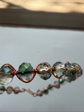 Artisan New Copper Wire Boho Bracelet with Green Iridescent Glass Beads Sparkle
